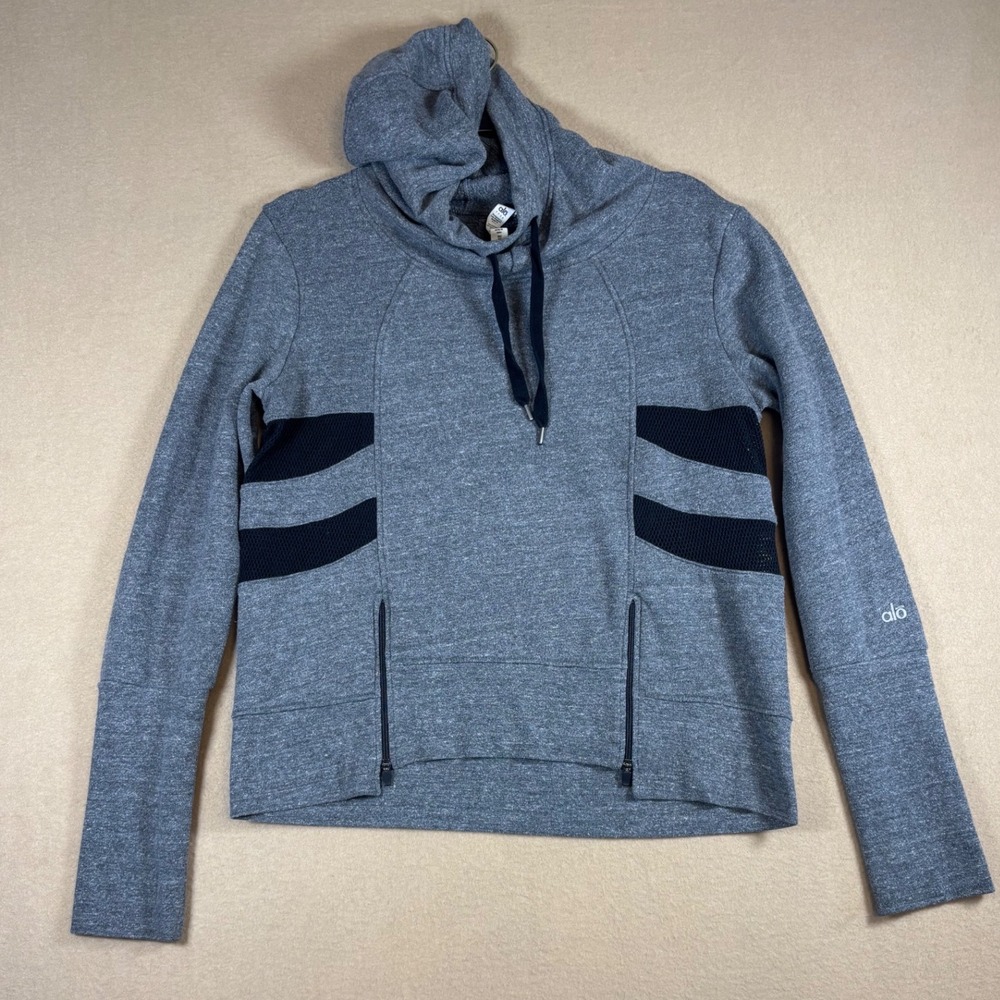 Alo Yoga Womens Gray Mesh Panel Funnel Neck Hoodie Sweatshirt Size M